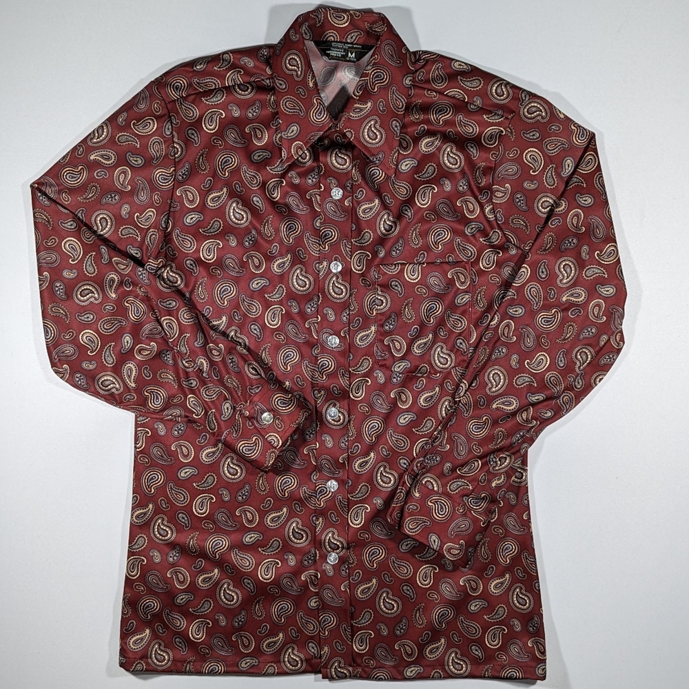 Vtg 70s JCPenney Tapered Permanent Press Paisley Polyester Dress Shirt Size Med